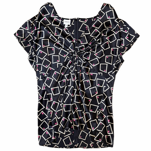 Armani Collezioni Silk Black Cream and Pink Geometric Blouse Cap Sleeve